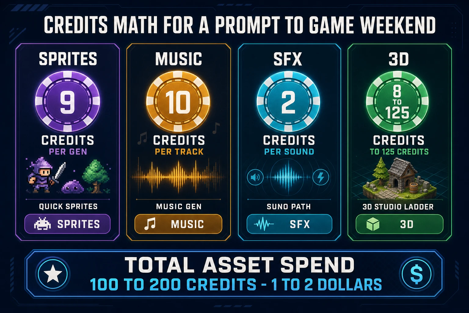 Credits math for prompt to game AI workflow: Quick Sprites 9 credits, Music Gen 10 credits, SFX Gen 2 credits, 3D Studio ladder