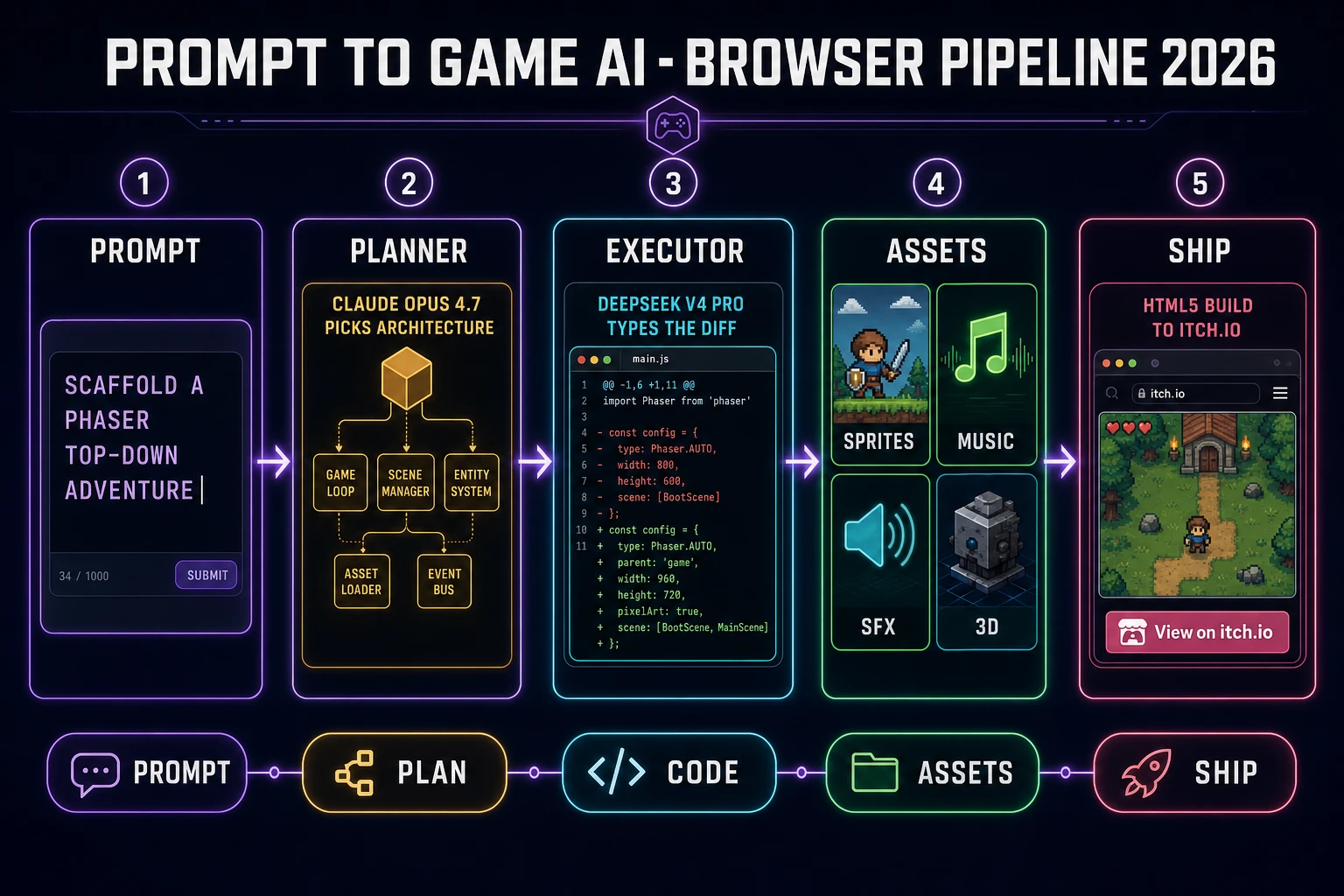 Prompt to game ai browser pipeline: dual-agent planner, cheap executor, asset tools, ship path