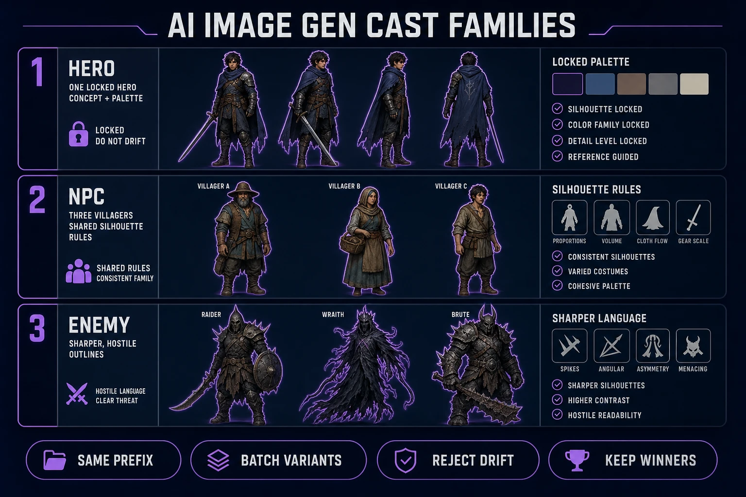 AI Image Gen character generator ai cast families for hero NPC and enemy roles with shared palette chips