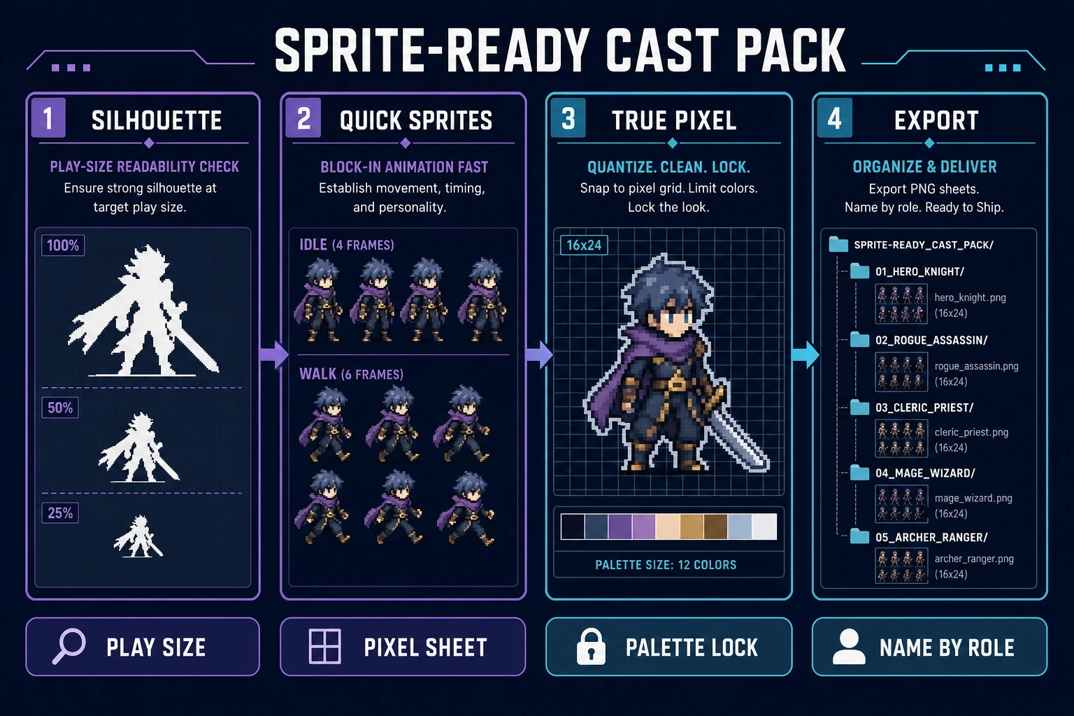 Character generator ai sprite conversion with silhouette check Quick Sprites frames and True Pixel quantization