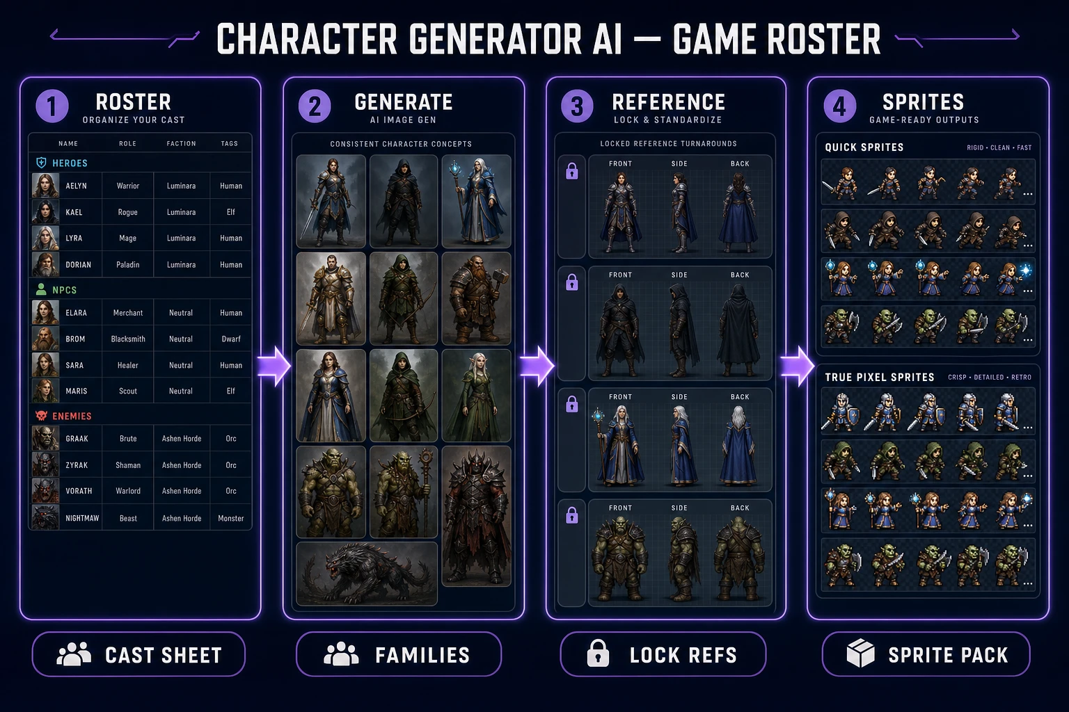Character generator ai workflow from roster sheet through AI Image Gen families to reference locks and sprite packs