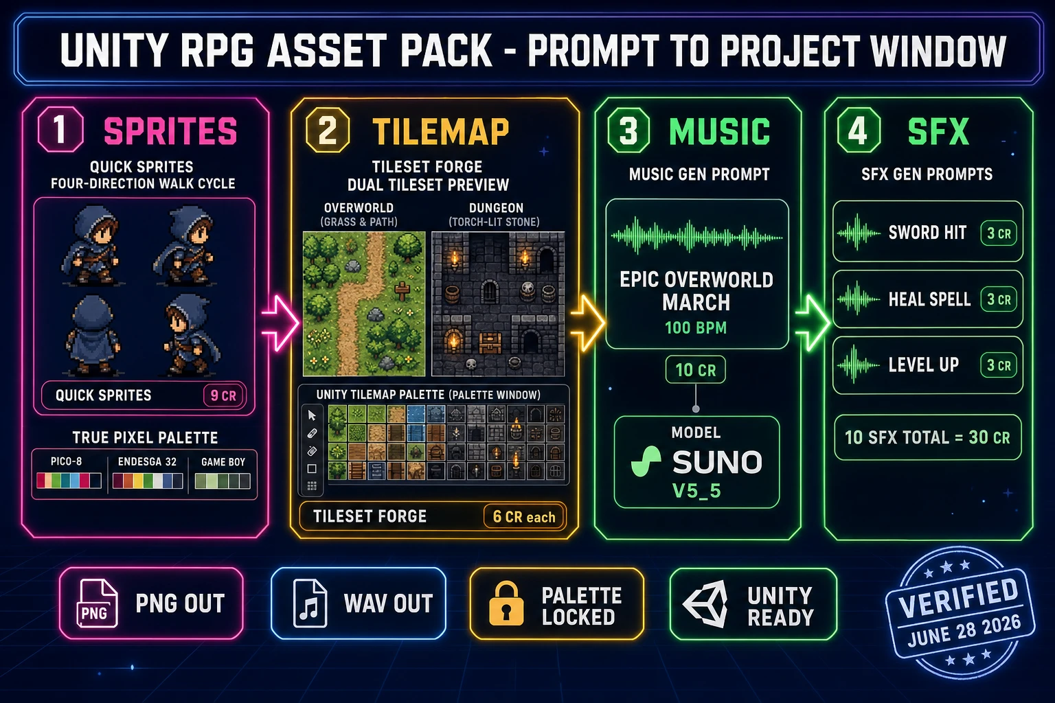 Unity RPG asset pipeline diagram showing four panels - Quick Sprites four-direction walk cycle, Tileset Forge overworld and dungeon sets with Unity Tilemap palette, Music Gen overworld march, and SFX Gen sword hit / heal spell / level up sounds - all Unity-ready, verified June 28, 2026