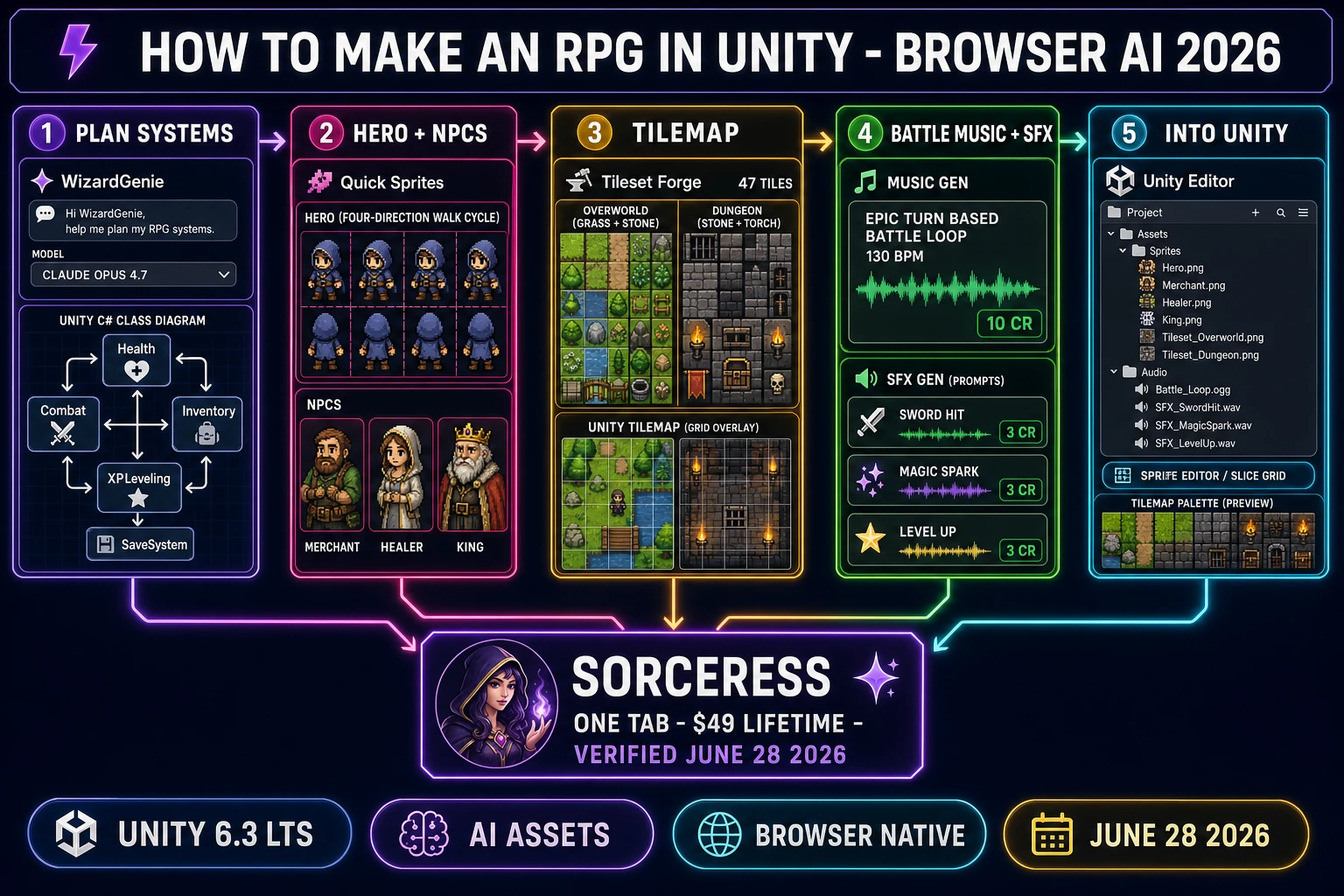 How to make an RPG in Unity in 2026 - browser AI pipeline showing WizardGenie system architecture, hero and NPC sprites, Tilemap overworld and dungeon, battle music and SFX, and the Unity Project window handoff verified June 28, 2026