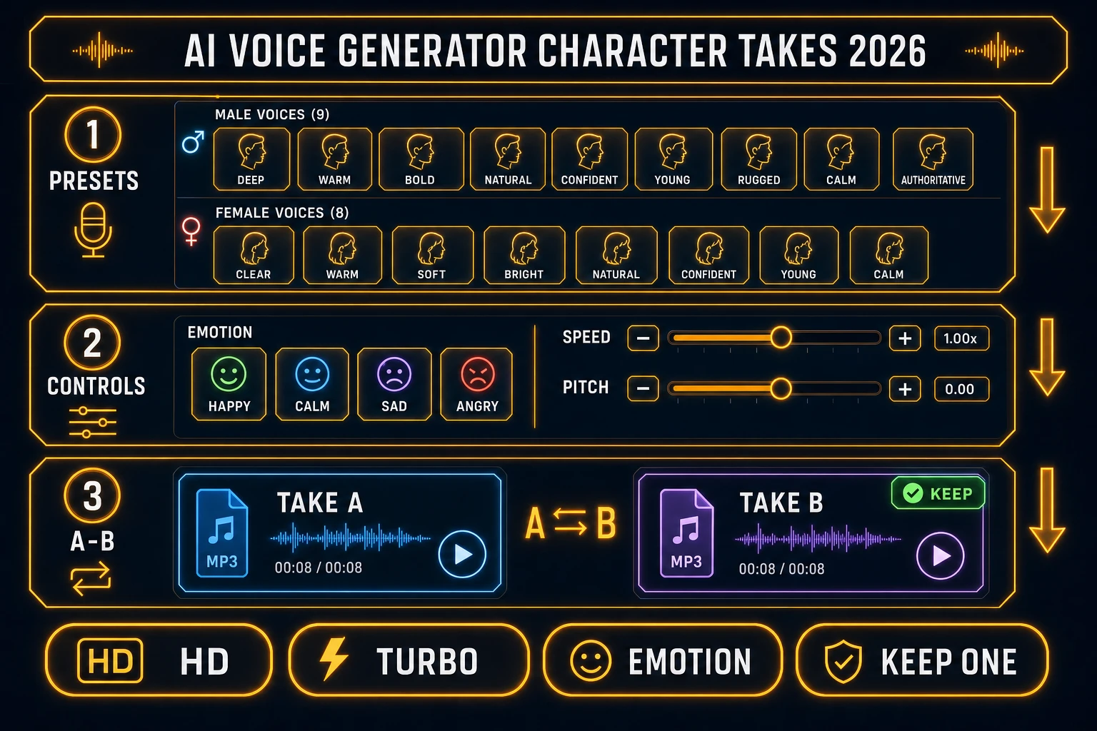 AI voice generator character take selection: 17 presets, emotion controls, A/B keep one