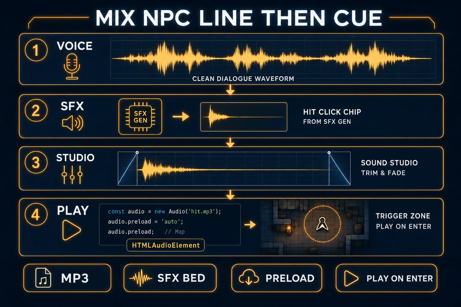 Mix NPC line then cue: voice mp3, SFX bed, Sound Studio trim, HTMLAudioElement preload map