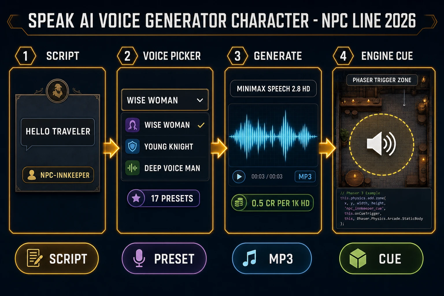 AI voice generator character pipeline: script, Speech Gen voice picker, MiniMax mp3, engine cue
