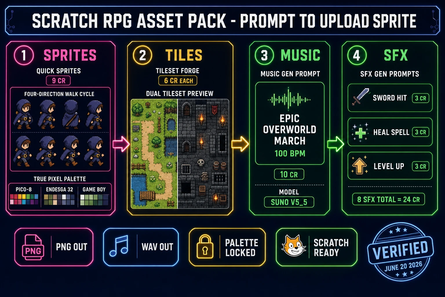 Scratch RPG asset pipeline diagram showing four panels - Quick Sprites four-direction walk cycle, Tileset Forge overworld and dungeon sets, Music Gen overworld march, and SFX Gen sword hit / heal spell / level up sounds - all engine-ready, verified June 20, 2026