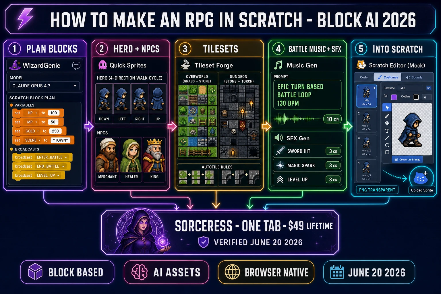 How to make an RPG in Scratch in 2026 - block AI pipeline showing WizardGenie block planning, hero and NPC sprites, overworld and dungeon tilesets, battle music and SFX, and the Scratch Upload Sprite handoff verified June 20, 2026