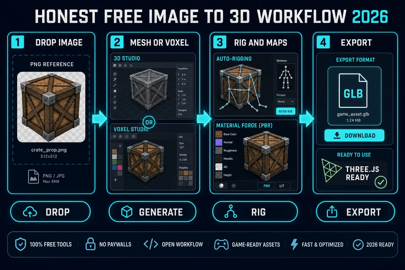 Honest free image to 3D workflow diagram drop generate rig and export for voxel games 2026