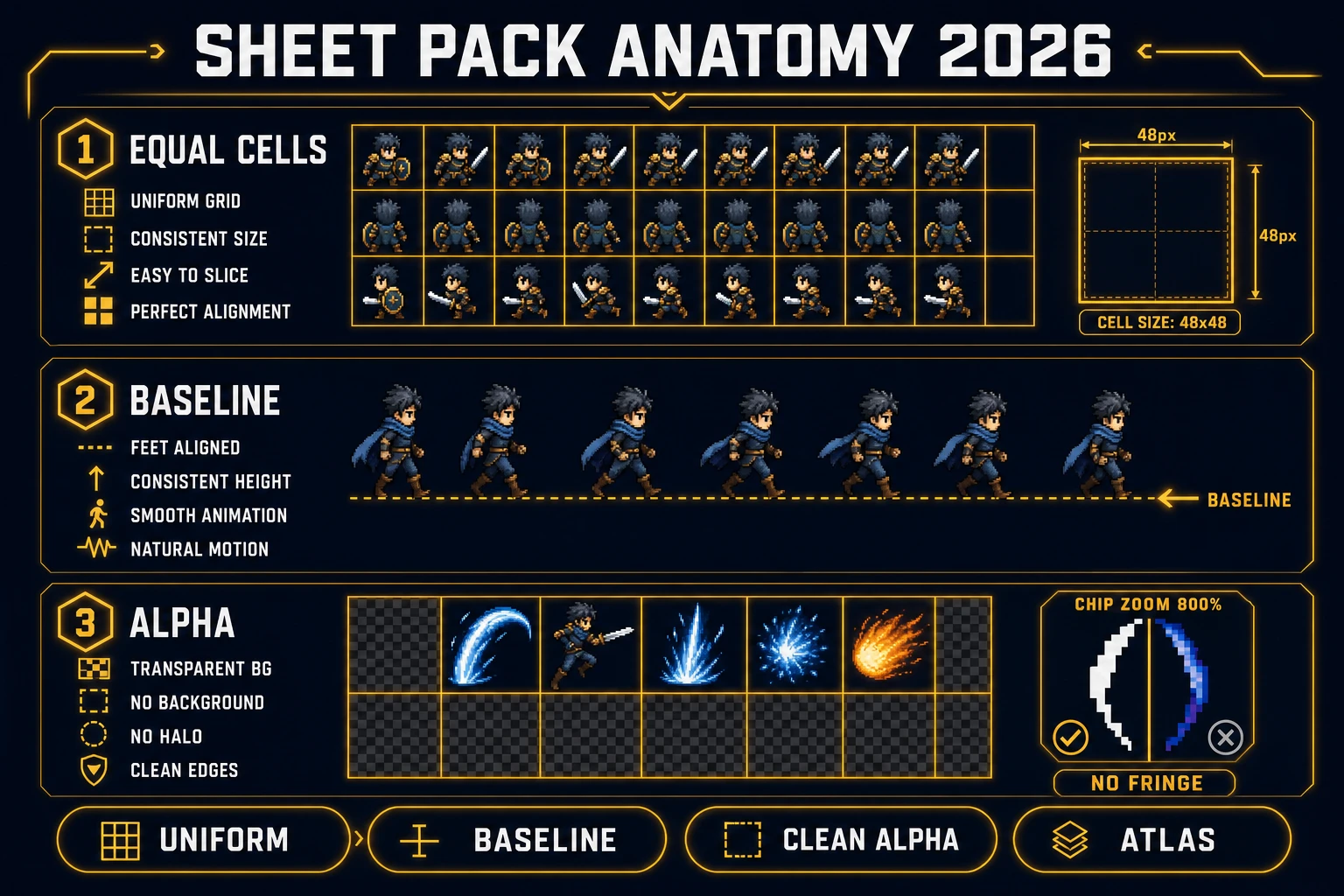 Sheet pack anatomy for sprite generator AI: equal cells, shared baseline, clean alpha on checkerboard