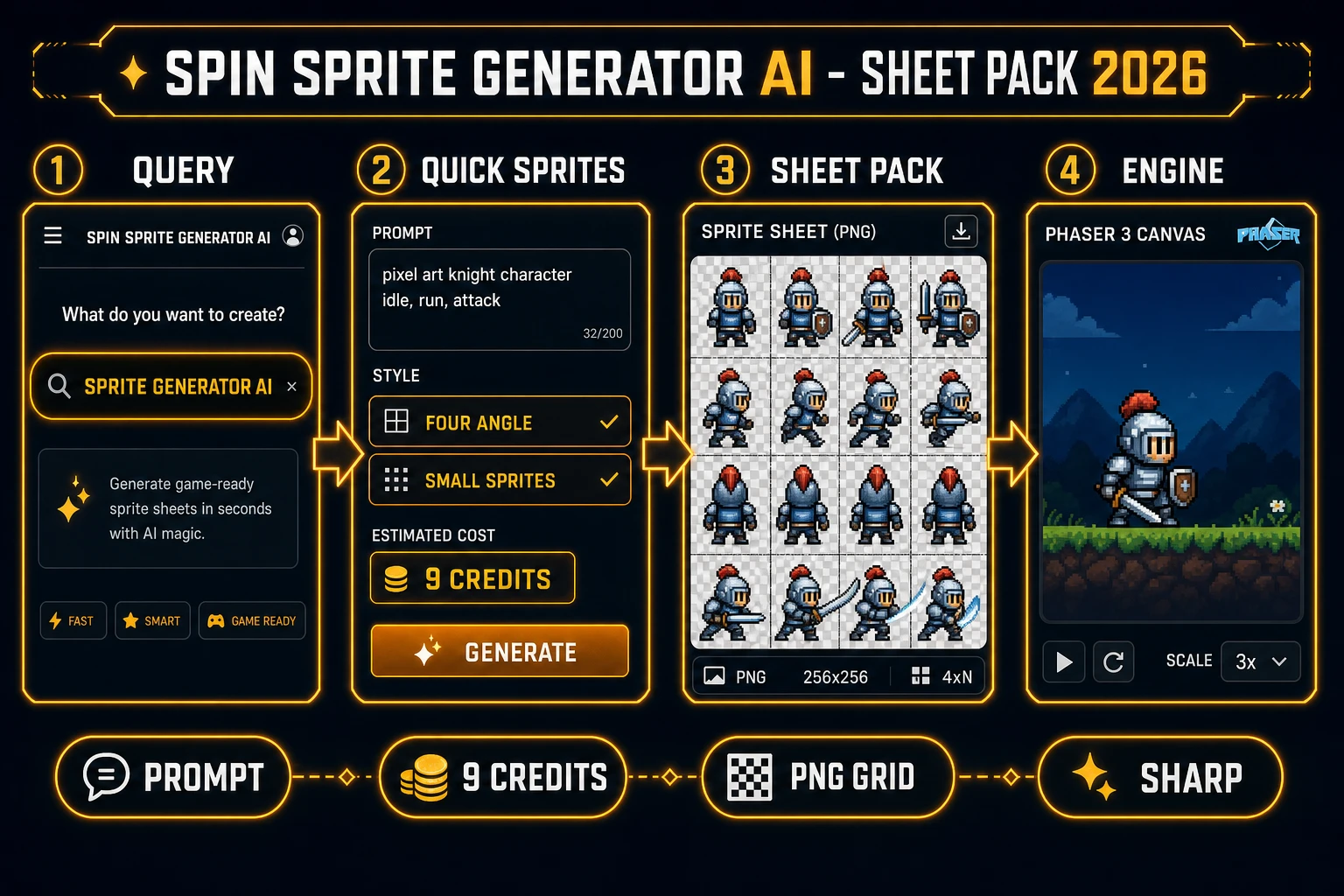 Sprite generator AI sheet pack pipeline: query chip, Quick Sprites at 9 credits, transparent PNG grid, sharp Phaser import