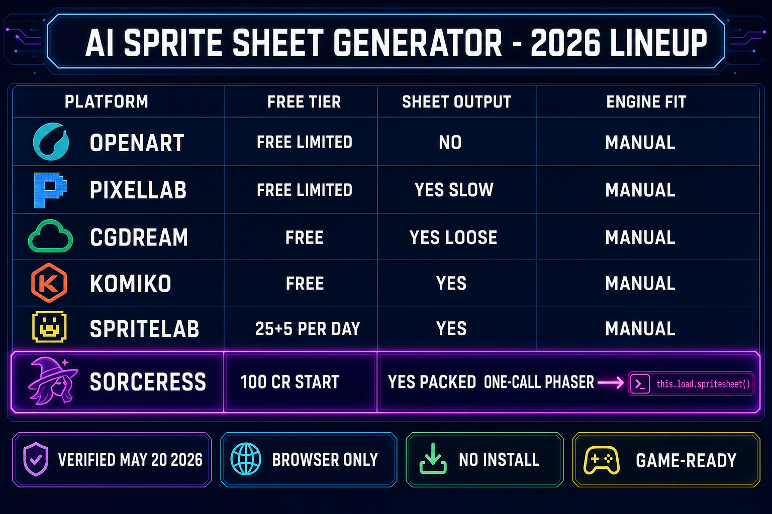 Comparison table infographic showing five free AI sprite sheet generators (OpenArt, PixelLab, CGDream, Komiko, SpriteLab) with their free tier, sheet output, and engine fit columns, with the Sorceress row highlighted in purple as the only platform with one-call Phaser integration on a dark navy background