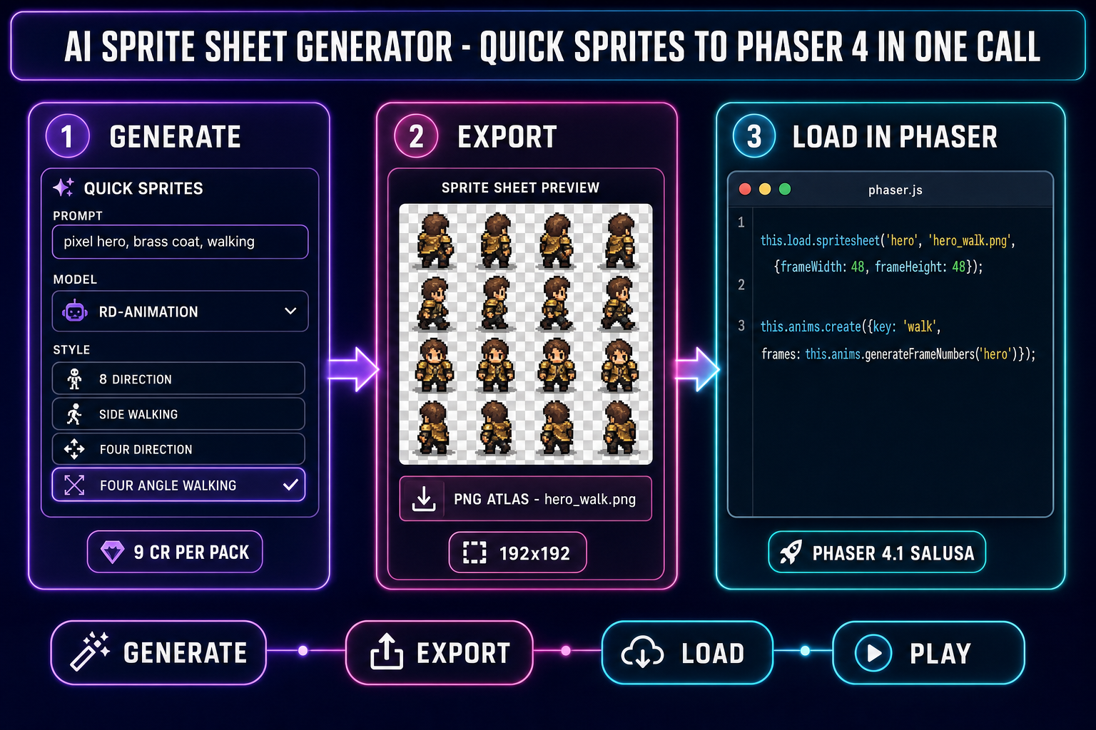 Three-panel diagram showing the AI sprite sheet generator handoff into Phaser 4 (panel 1 generate via rd-animation at 9 credits, panel 2 export the packed PNG atlas at 192x192, panel 3 load into Phaser 4 with this.load.spritesheet and animate with generateFrameNumbers) on a dark navy background with purple, magenta, and cyan accents