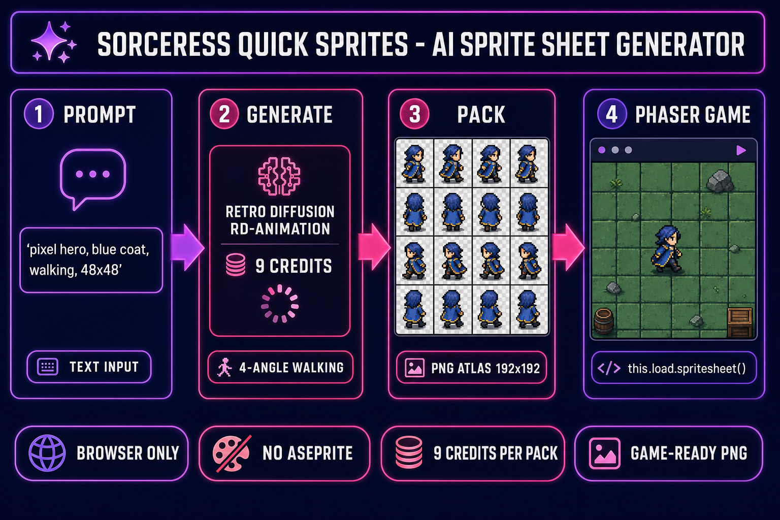 AI sprite sheet generator pipeline diagram showing four numbered panels (1 prompt, 2 generate via Retro Diffusion rd-animation at 9 credits, 3 pack into a 4x4 PNG atlas, 4 load into a Phaser 4 game scene) on a dark navy background with purple and magenta accents