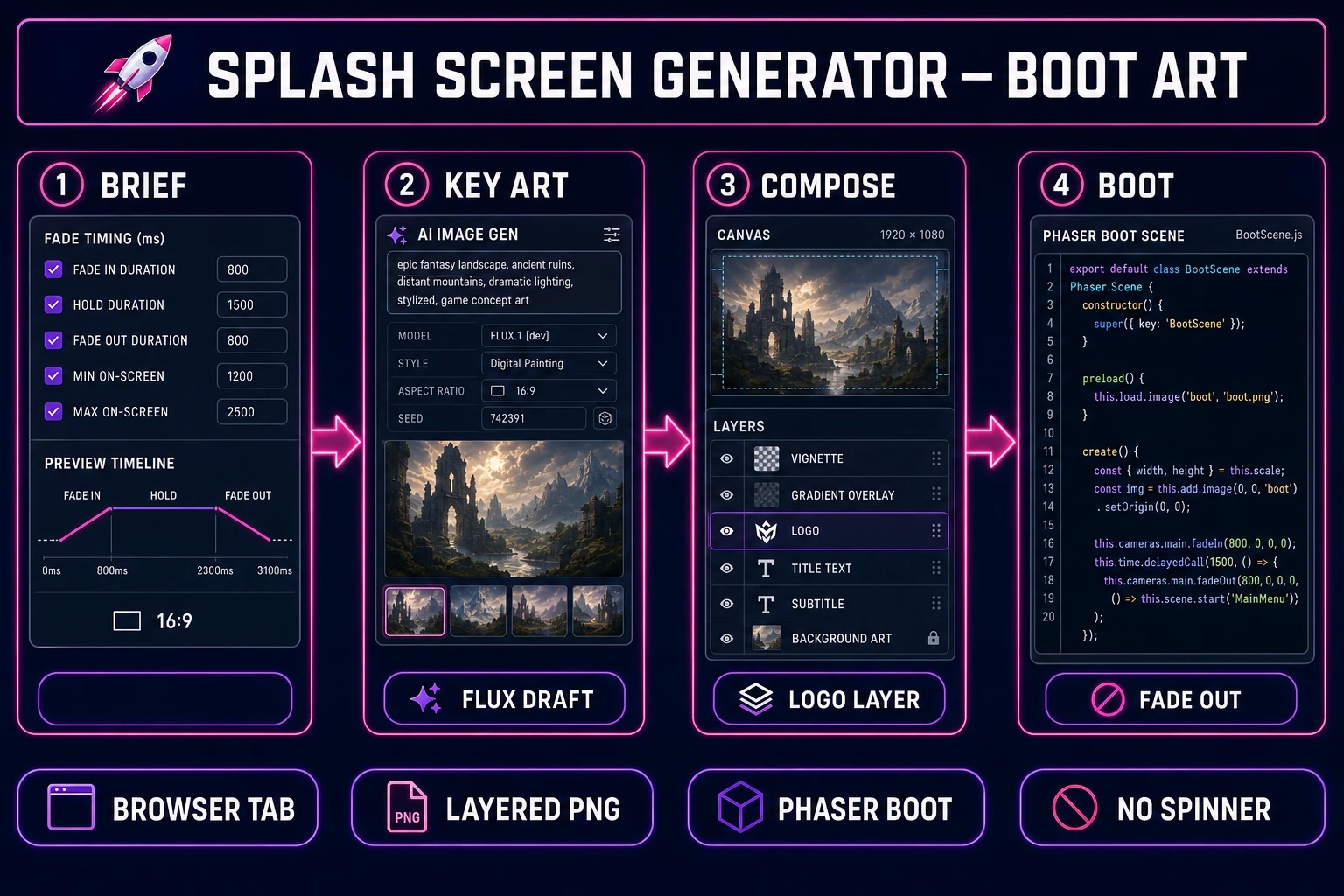 Four-step splash screen generator pipeline from brief to Phaser boot scene fade