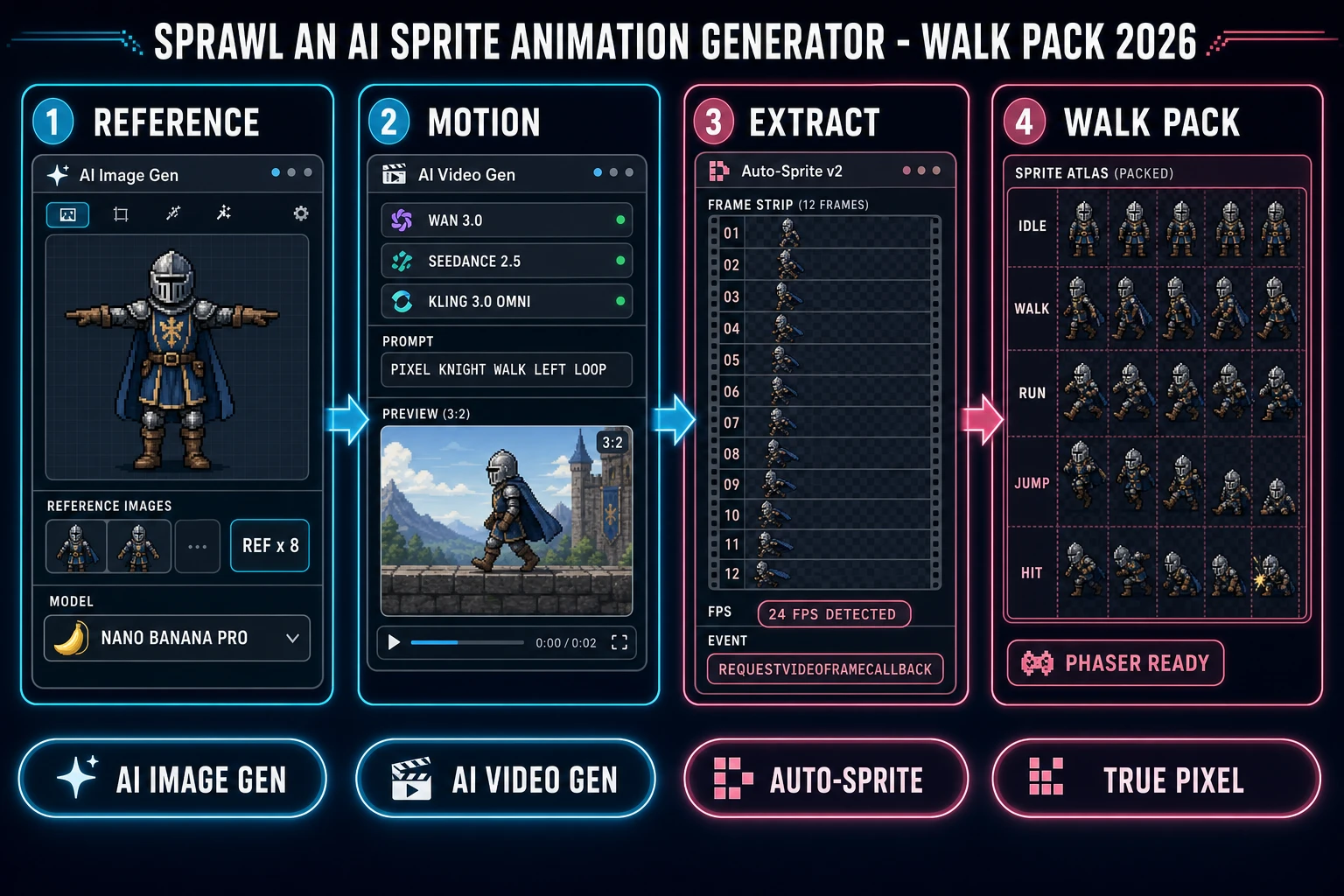 Sprawl an ai sprite animation generator walk pack 2026: four-panel Sorceress diagram showing AI Image Gen with reference-image caps, AI Video Gen with Wan 3.0 Seedance 2.5 and Kling 3.0 Omni, Auto-Sprite v2 with requestVideoFrameCallback frame extraction, and a walk-pack sprite atlas labeled idle walk run jump hit