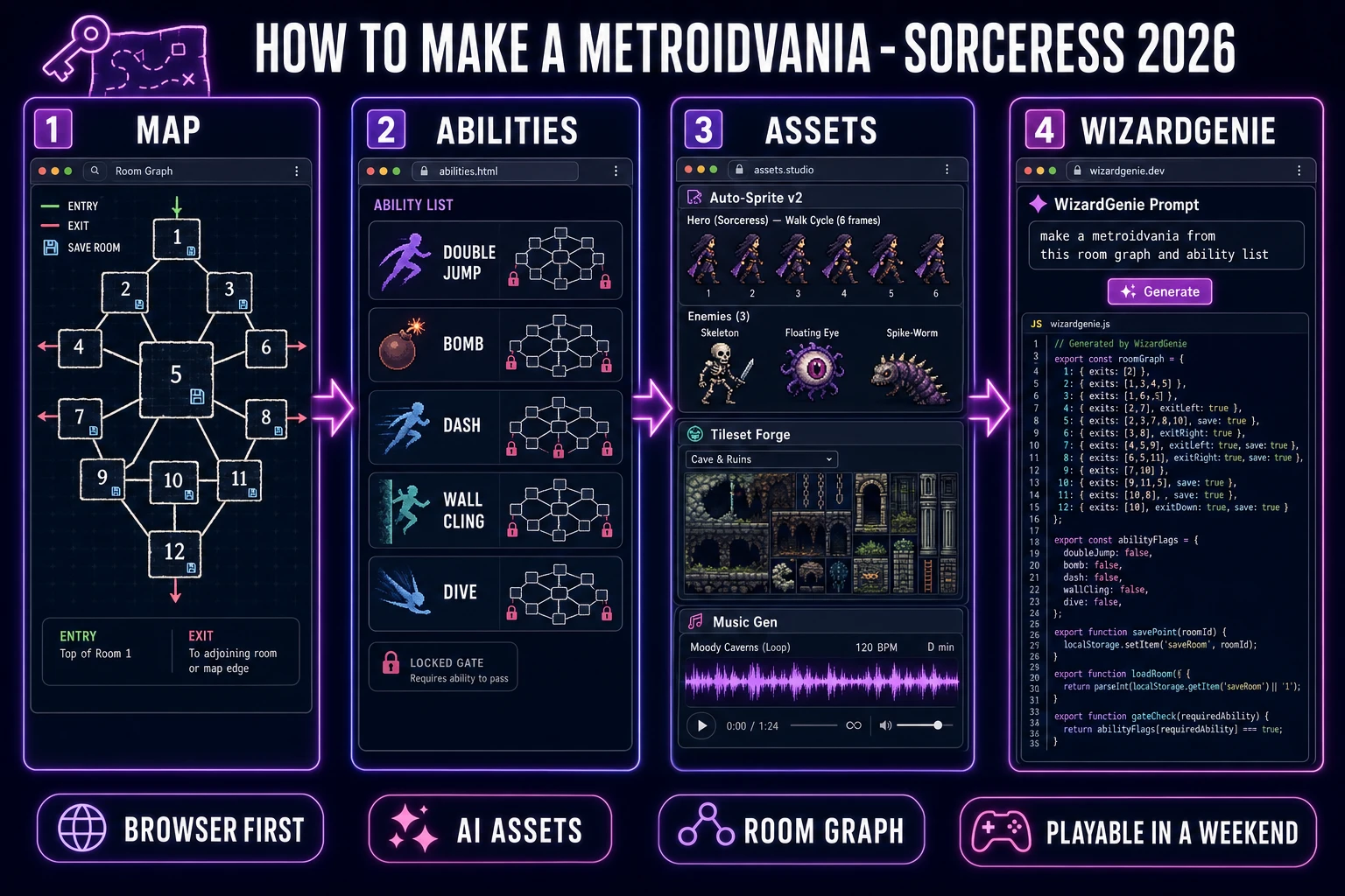 How to make a metroidvania pipeline: interconnected map, ability gate list, asset pack from Auto-Sprite v2 and Tileset Forge, code in WizardGenie