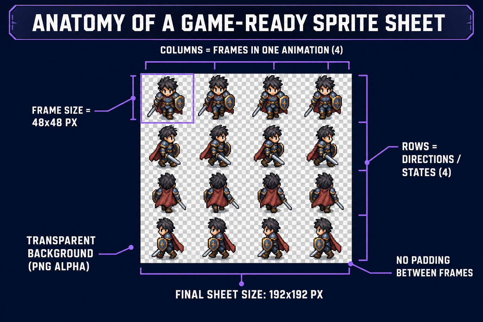Annotated diagram of a sprite sheet showing frame size, padding, columns and rows, and a transparent background