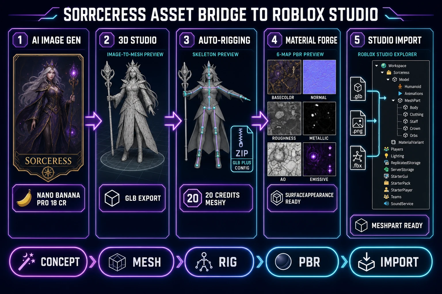 Sorceress to Roblox Studio asset bridge diagram 2026: five numbered panels showing AI Image Gen concept portrait, 3D Studio image-to-mesh, Auto-Rigging skinned GLB plus config ZIP, Material Forge six-map PBR set for SurfaceAppearance, and Roblox Studio Explorer receiving MeshPart-ready file icons