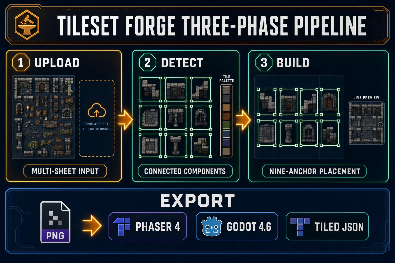 Tileset Forge three-phase pipeline diagram - upload one or many AI sheets, detect tiles with connected components and palette extraction, build with nine-anchor placement on a fixed grid, export PNG ready for Phaser 4 Godot 4.6 Tiled JSON