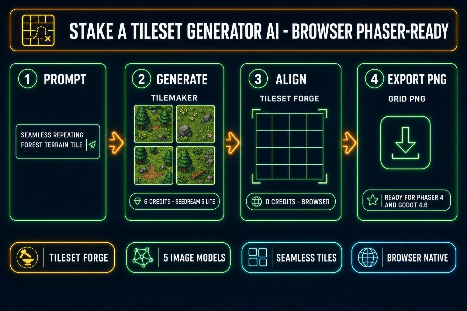 Tileset generator AI four-step pipeline for indie 2D games - prompt seamless terrain tile, TileMaker generates at 6 credits Seedream 5 Lite, Tileset Forge aligns the grid in browser at zero credits, exported PNG ready for Phaser 4 and Godot 4.6