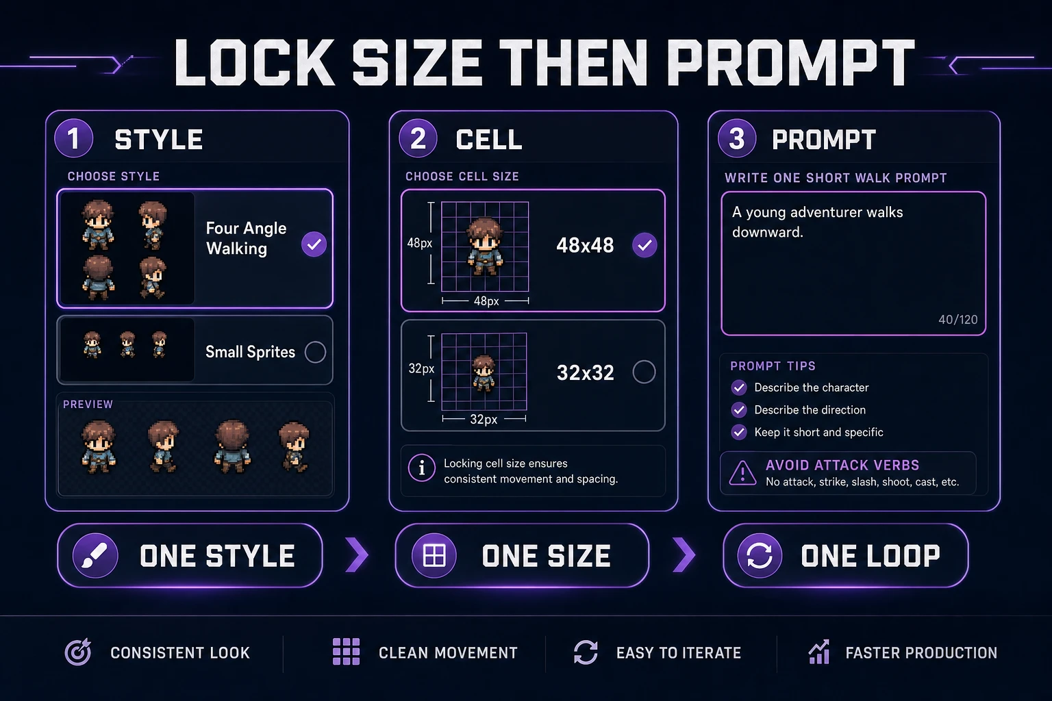 Scorecard for locking Quick Sprites style, cell size, and a single walk prompt before generate