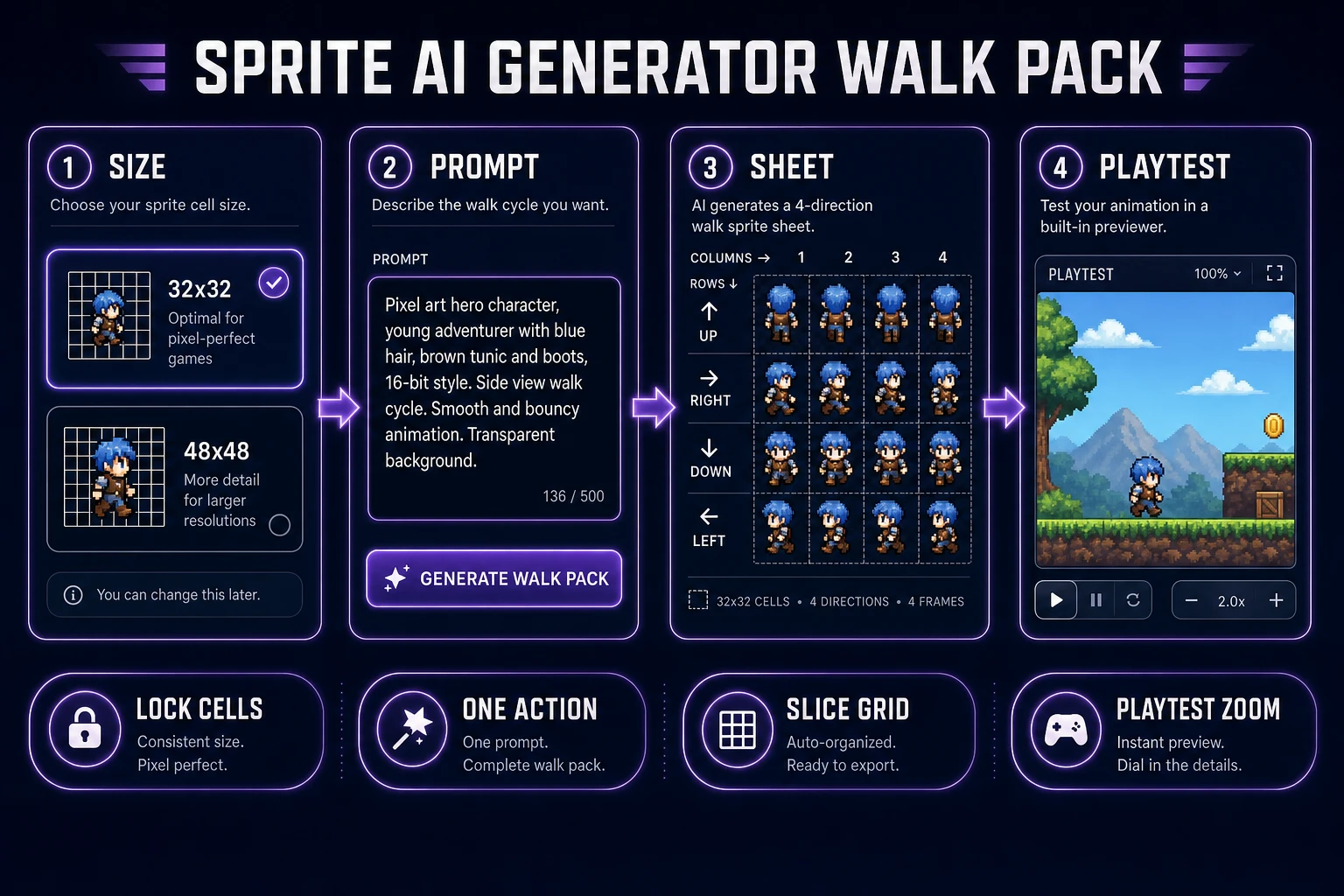 Sprite AI generator walk pack pipeline from locked cell size through Quick Sprites sheet to playtest zoom