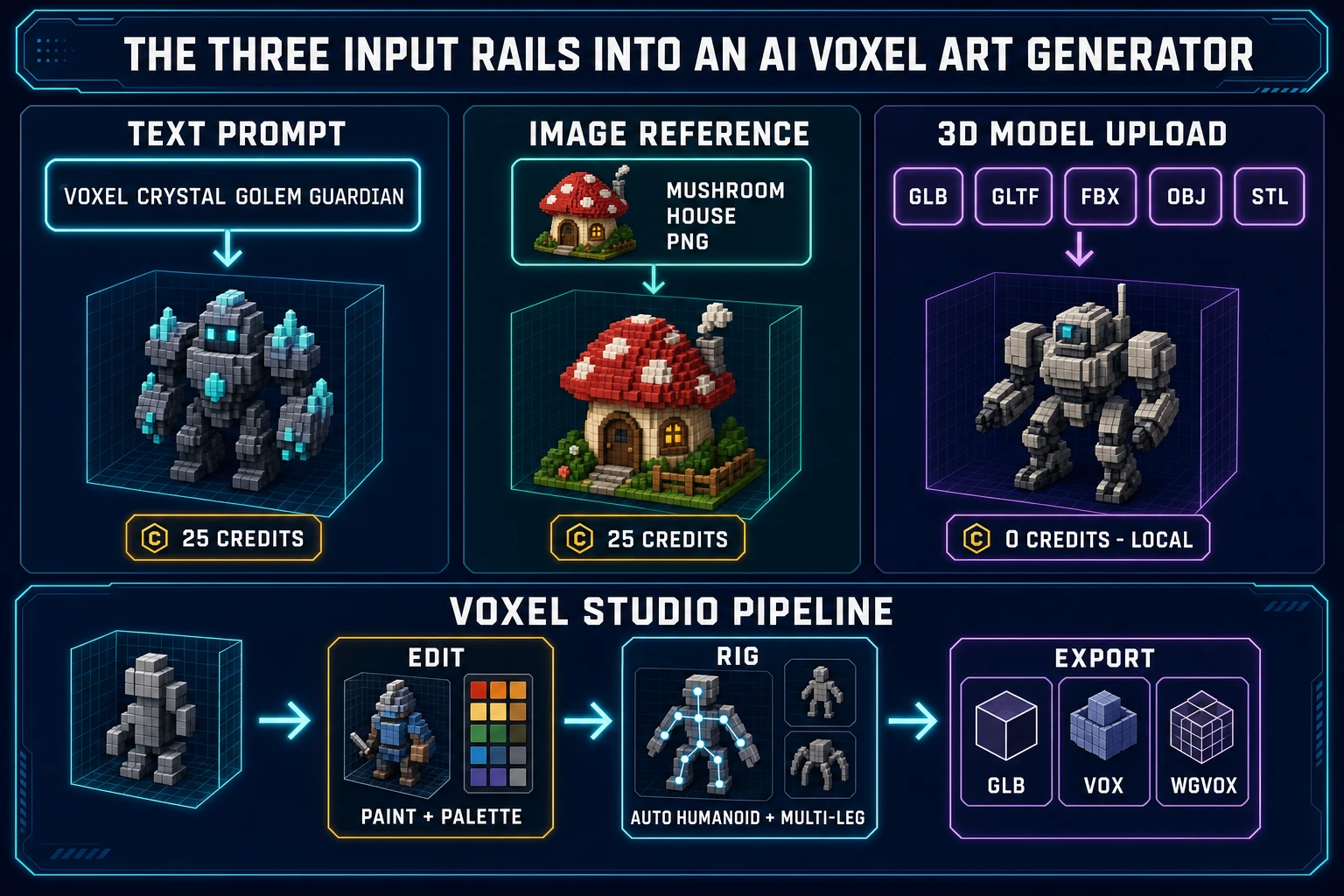 Three input rails into an AI voxel art generator - text prompt voxel crystal golem guardian at 25 credits, image reference mushroom house PNG at 25 credits, 3D model upload GLB GLTF FBX OBJ STL at zero credits - feeding the Voxel Studio pipeline of edit rig export