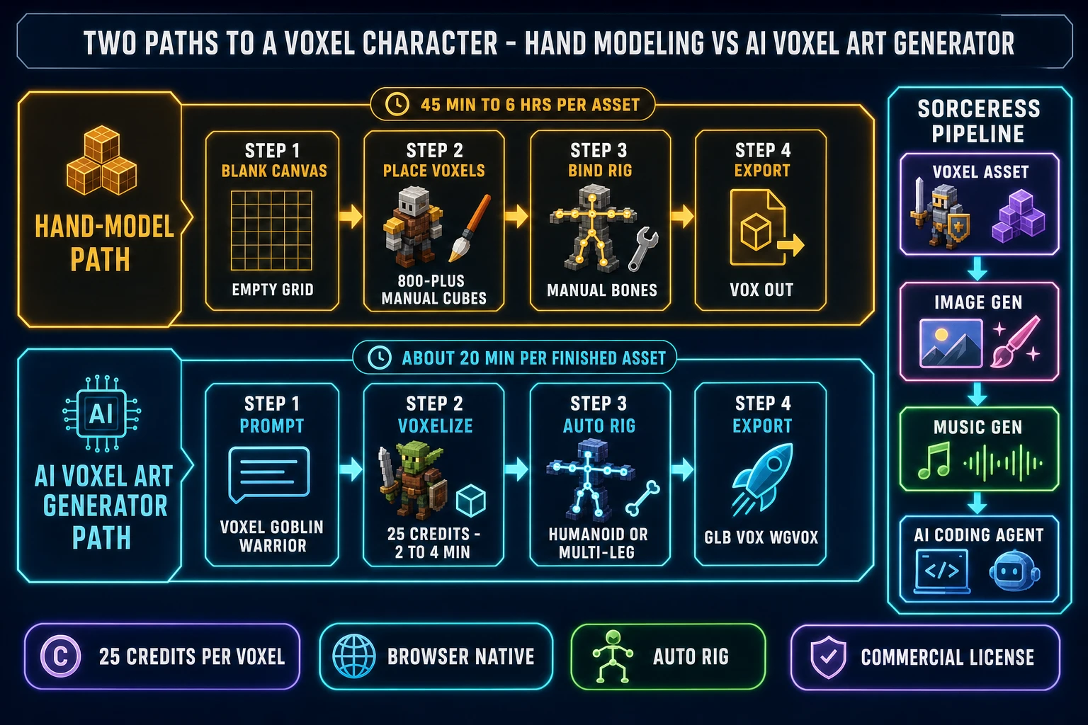 Two paths to a voxel character - hand-model path through MagicaVoxel at 45 minutes to 6 hours per asset versus AI voxel art generator path through Sorceress Voxel Studio at 25 credits and 2-to-4 minute generation plus 5-to-15 minute edit pass - paired with the Sorceress pipeline of voxel asset image gen music gen and AI coding agent