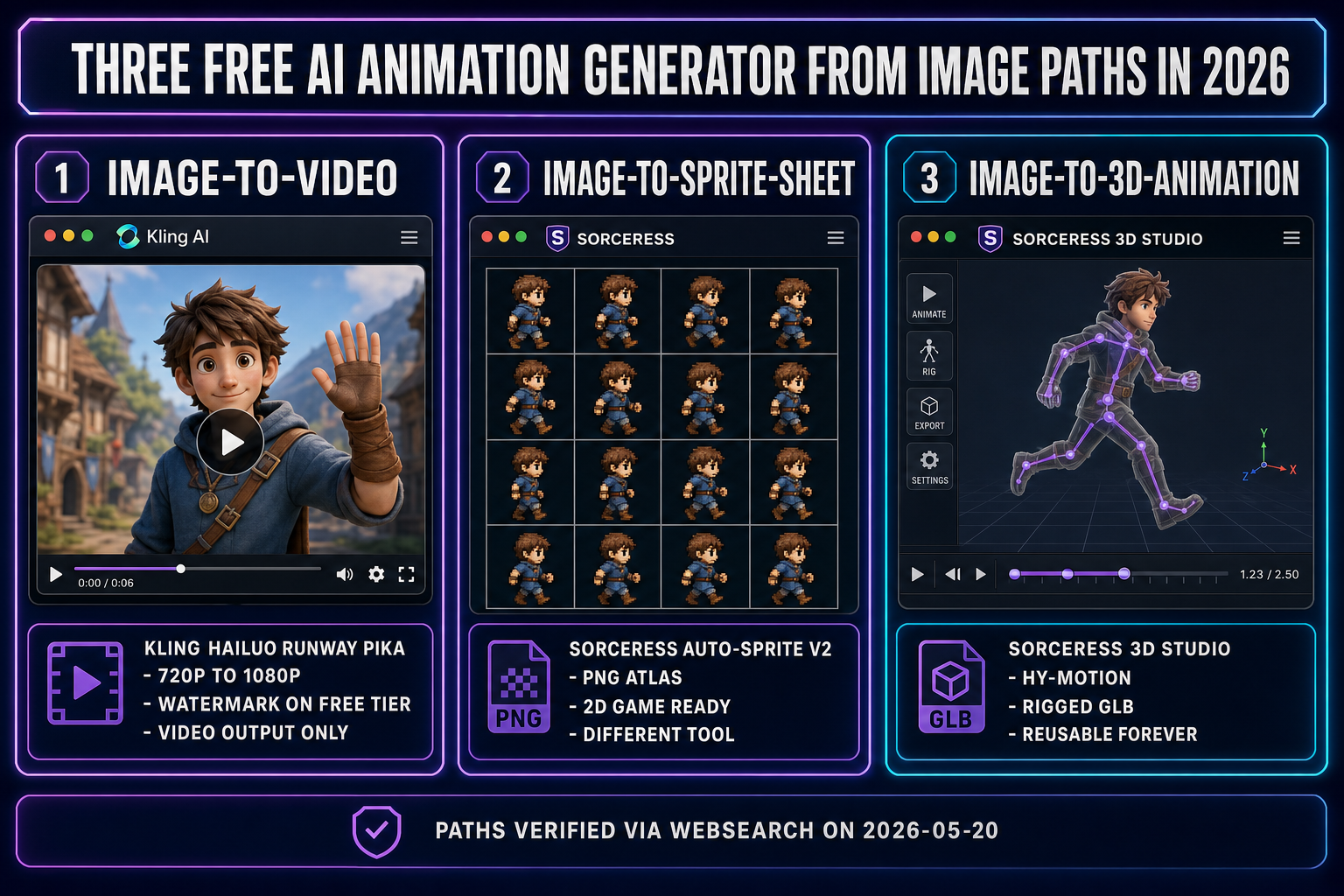 Three free AI animation generator from image paths in 2026: image-to-video for marketing clips, image-to-sprite-sheet for 2D games, image-to-3D-animation for reusable rigged characters