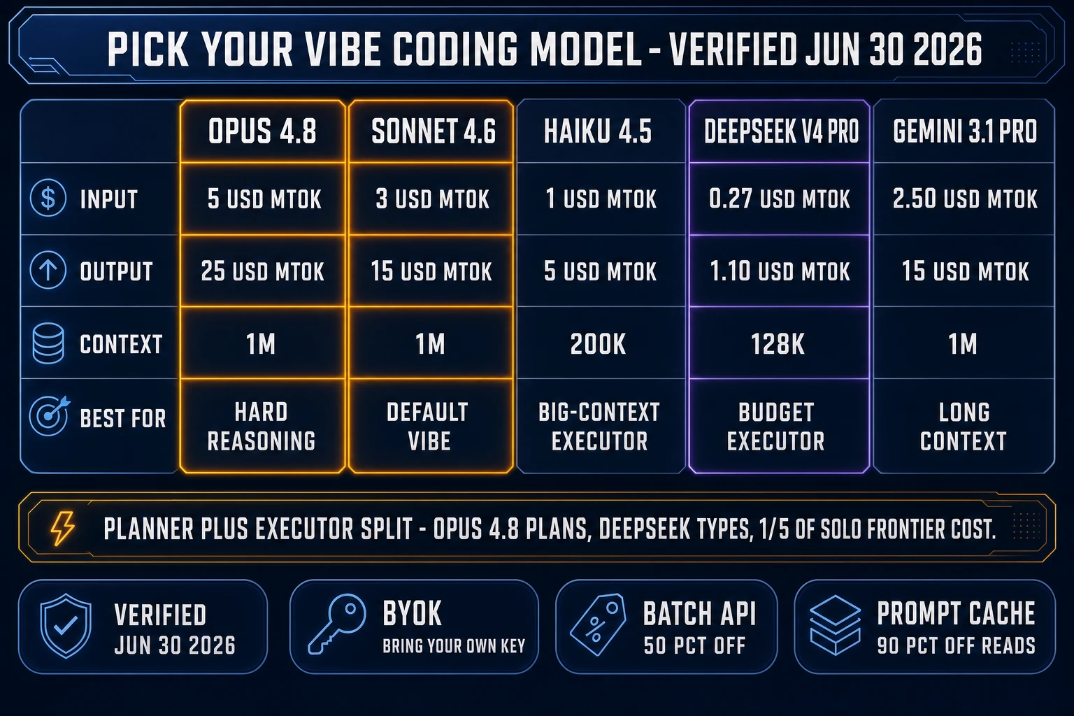 Pick your vibe coding model rate card matrix - Opus 4.8 Sonnet 4.6 Haiku 4.5 DeepSeek V4 Pro Gemini 3.1 Pro pricing and context window verified June 30 2026