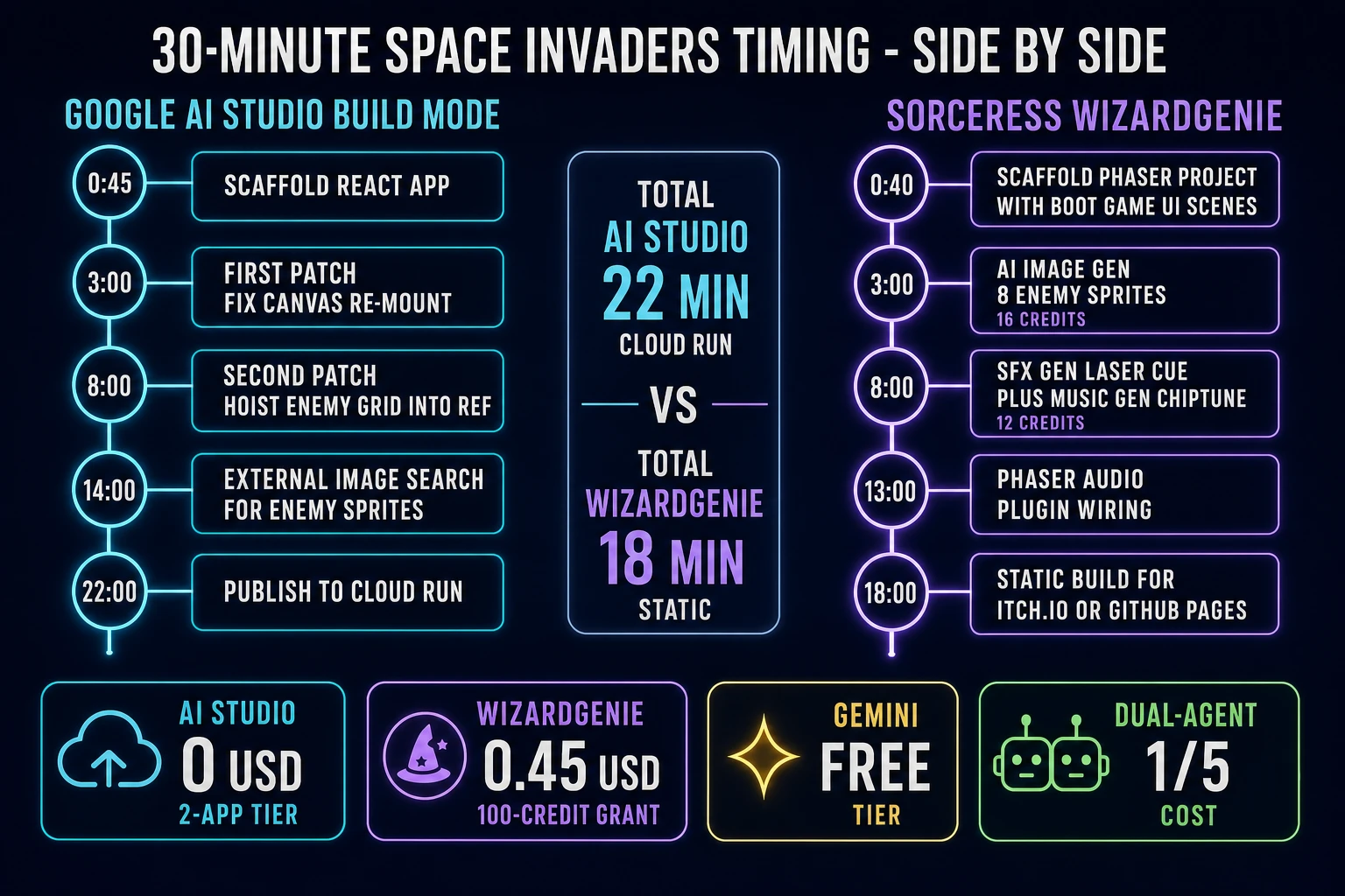 Side-by-side timing comparison of Google AI Studio Build Mode versus Sorceress WizardGenie building a browser Space Invaders in 30 minutes, showing scaffold time, patch passes needed, asset pipeline steps, and final deploy target