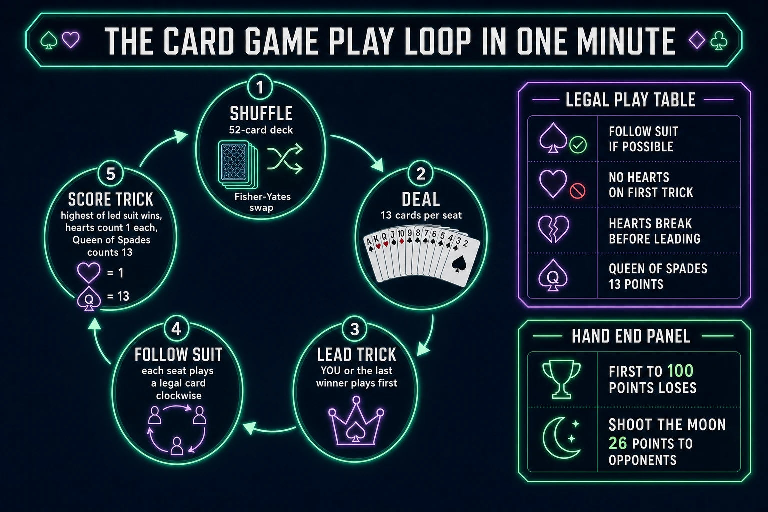 Card game play loop state machine diagram showing shuffle, deal, lead trick, follow suit, and score trick with Hearts rules for hearts breaking and Queen of Spades scoring