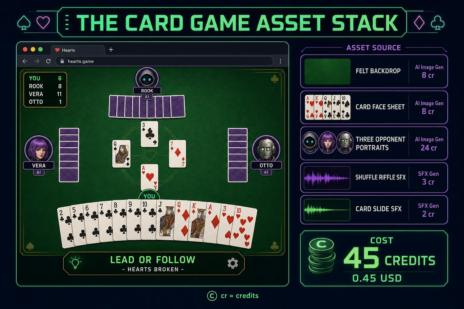 Card game asset stack diagram showing AI Image Gen felt backdrop, 52-card face sheet, three opponent portraits, and SFX Gen shuffle riffle and card slide cues - about 45 credits total