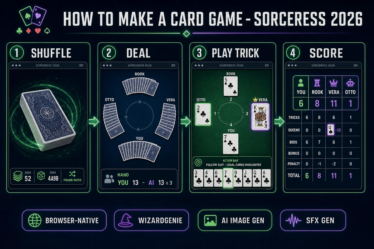 How to make a card game browser pipeline: shuffle a 52-card deck, deal, play tricks with legal-play validation, and score wired in WizardGenie with AI Image Gen felt and SFX Gen shuffle cues