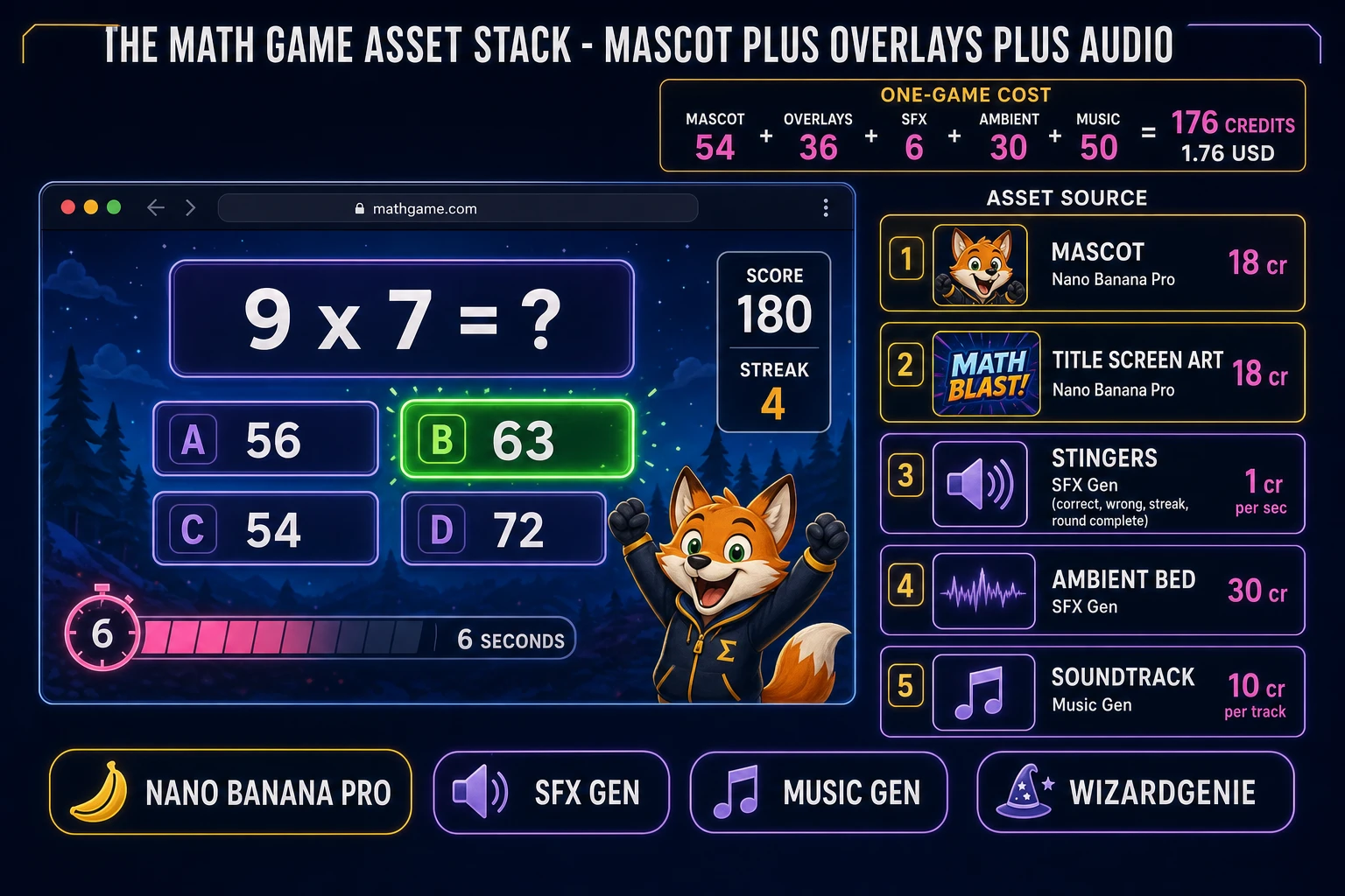 Math game asset stack showing a browser equation card with four choices, a countdown, and a score HUD, next to asset-source tiles for mascot, overlays, stingers, ambient loop, and music tracks