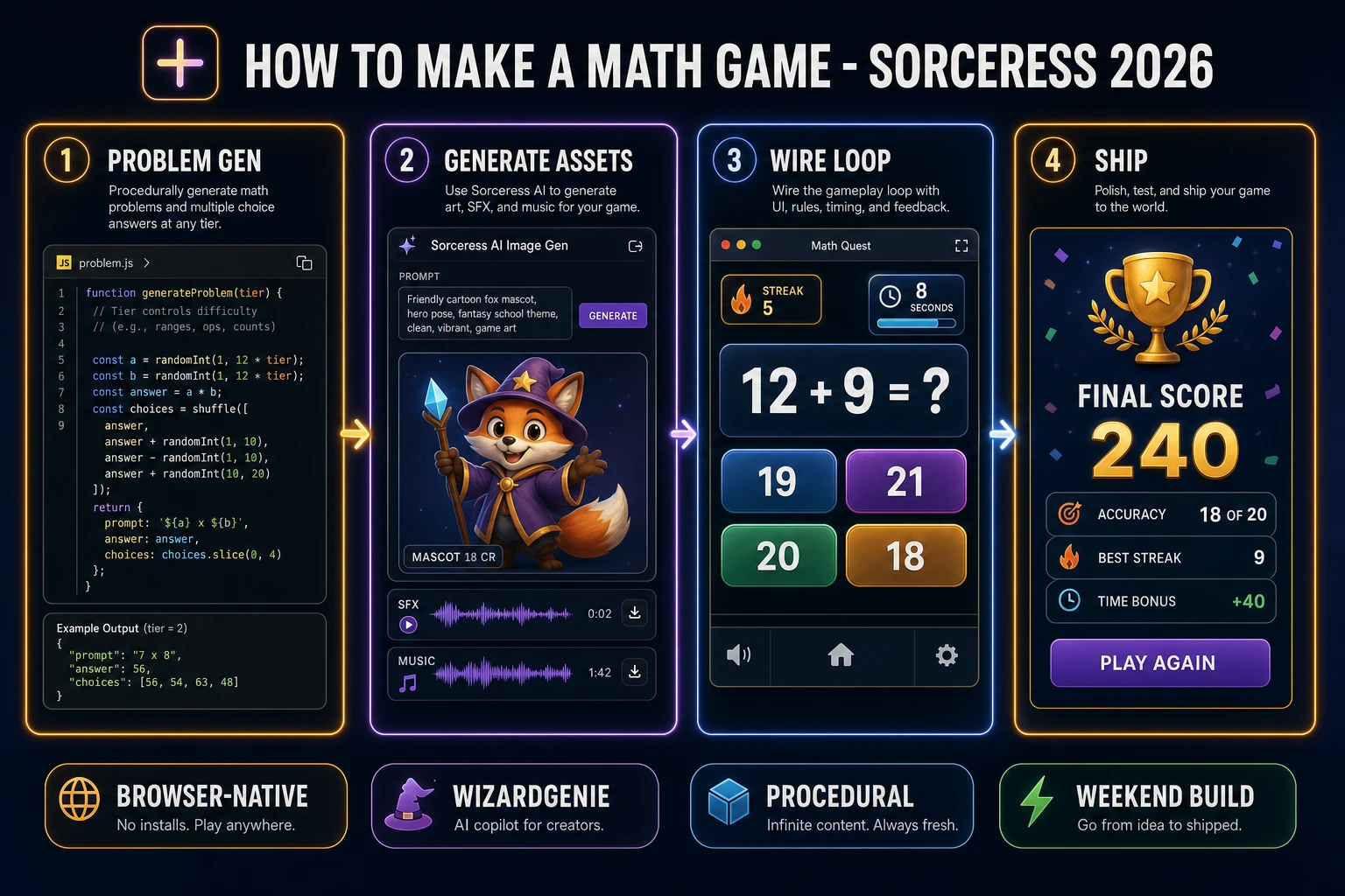 How to make a math game browser pipeline: procedural problem generator, AI mascot assets, WizardGenie quiz loop, and ship a browser build