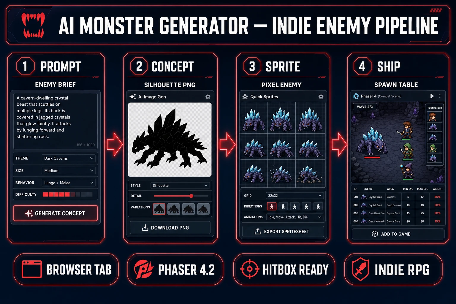 Ai monster generator pipeline diagram — four numbered panels for enemy prompt, AI Image Gen concept, Quick Sprites pixel sprite, and Phaser 4 spawn table output