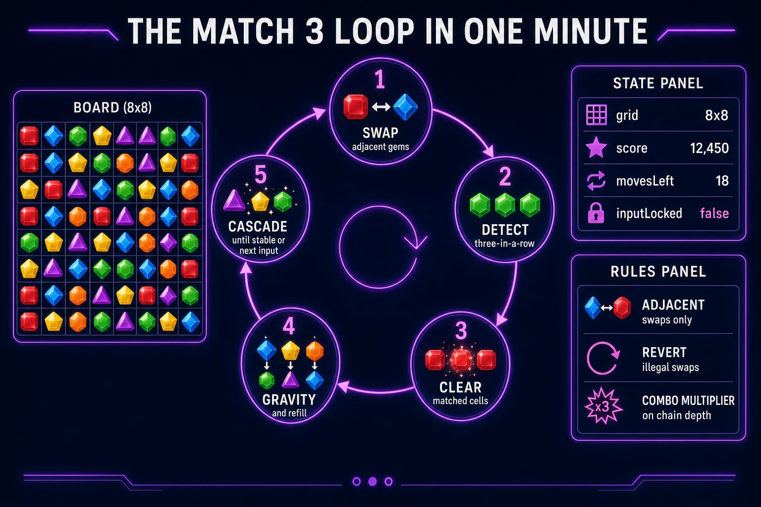 Match 3 game loop state machine diagram showing swap, detect matches, clear cells, gravity refill, and cascade until stable
