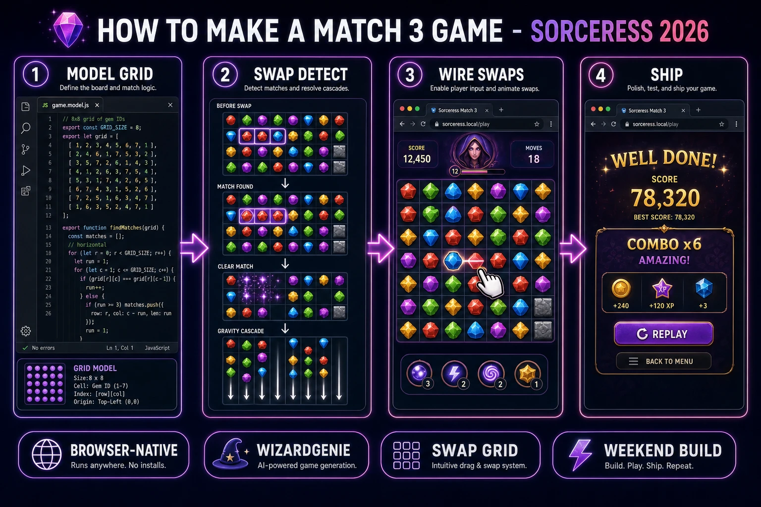 How to make a match 3 game browser pipeline: model grid swap validation and cascades, wire pointer swaps in WizardGenie, and ship a browser swap grid