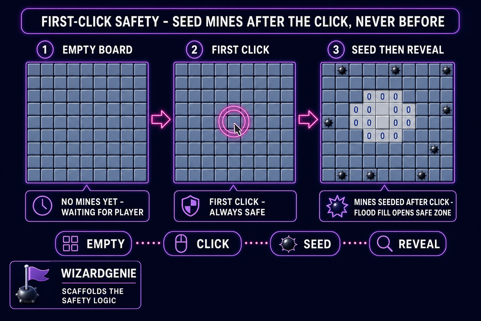 Minesweeper first-click safety diagram showing empty board, first click, mines seeded after click avoiding clicked cell and neighbors, then flood-fill reveal