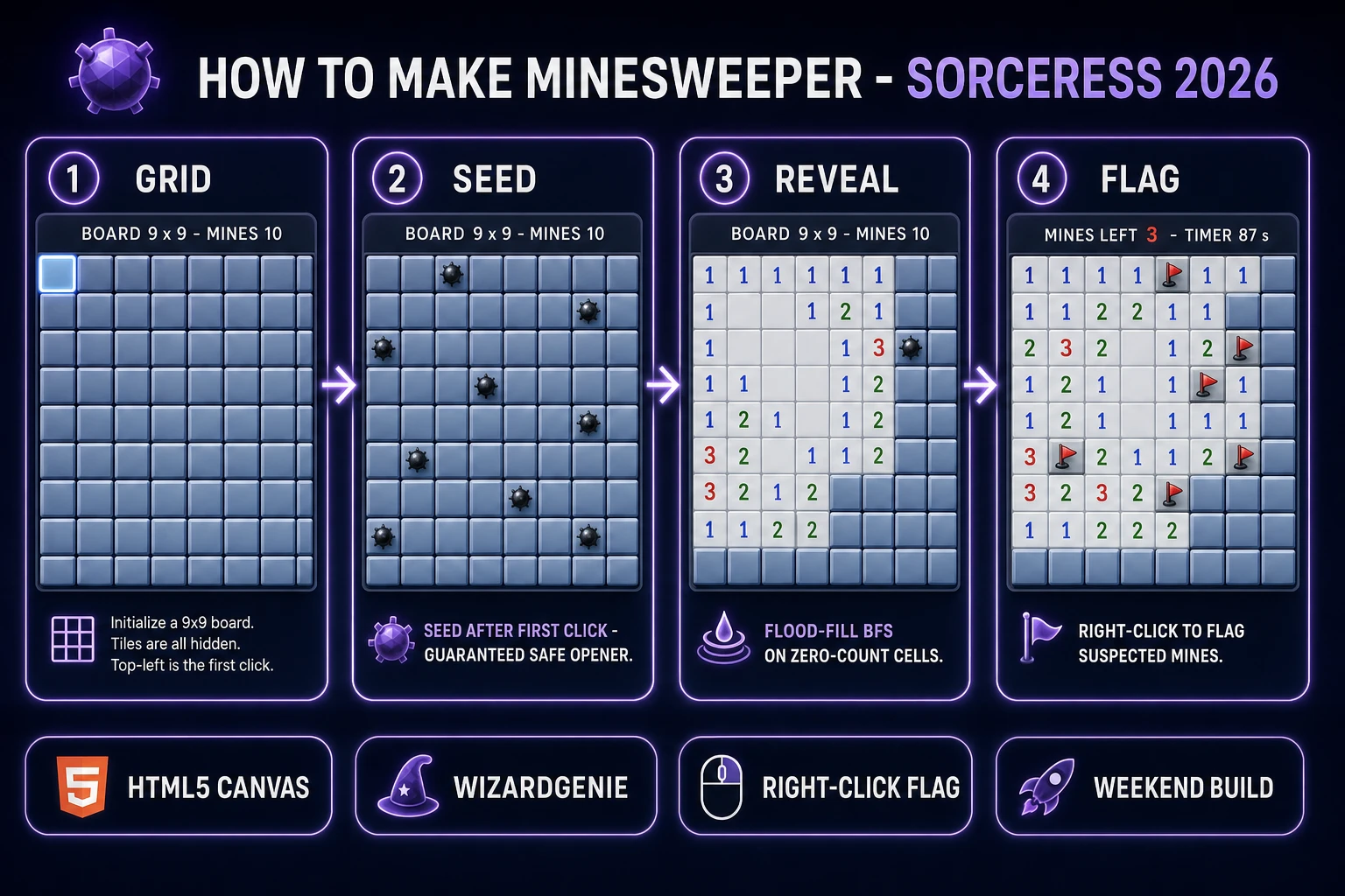 How to make Minesweeper browser pipeline: 9x9 flag grid, first-click safety, flood-fill reveal, and right-click flag with WizardGenie and the Sorceress toolset