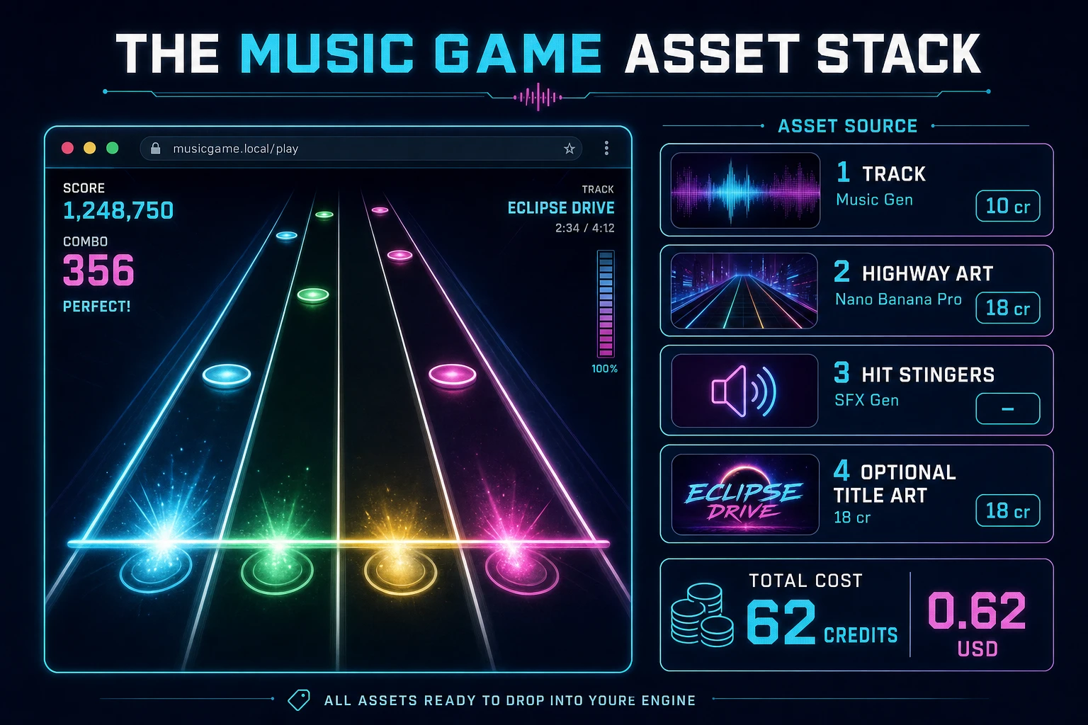 Music game asset stack diagram showing Music Gen tracks, AI Image Gen highway art, SFX Gen hit stingers, and total credit cost under one dollar