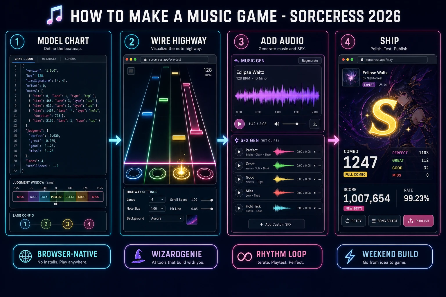 How to make a music game browser pipeline: model a beatmap chart with hit windows, wire a note highway in WizardGenie, and ship a browser rhythm loop