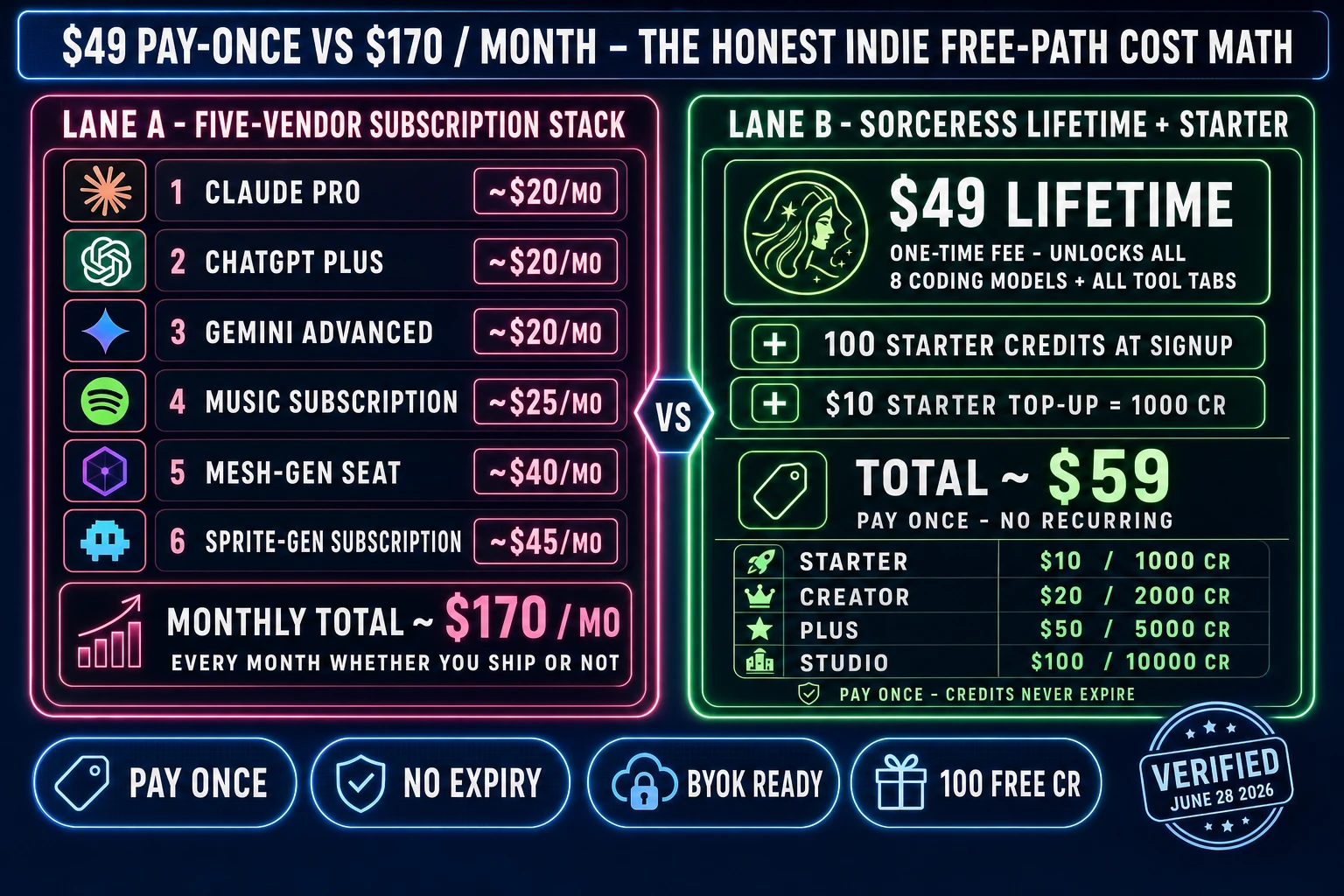 Free path cost comparison for indie game dev in 2026 - left lane shows five-vendor free-tier subscription stack at $170 per month with tab-switching tax and rate-limit walls, right lane shows Sorceress 100 starter credits + $49 Lifetime + $10 Starter top-up totaling $59 pay-once with no recurring fee, verified June 28, 2026 against src/app/plans/page.tsx LIFETIME_PRICE and CREDIT_TIERS constants