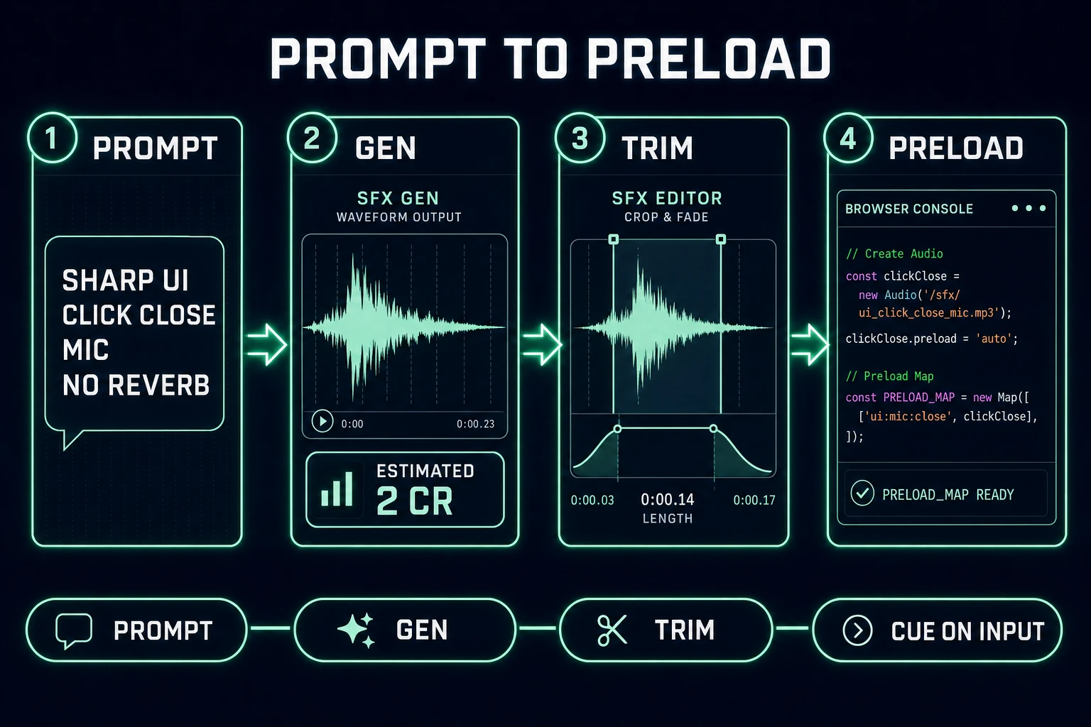 Browser SFX pipeline: prompt in SFX Gen, generate mp3 clip, trim and fade in SFX Editor, preload into HTMLAudioElement Map and cue on user input