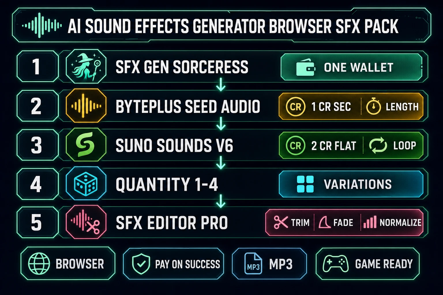 AI sound effects generator ranking: Sorceress SFX Gen, BytePlus Seed Audio 1 credit per second, Suno Sounds V6 flat 2 credits, Quantity 1 to 4, SFX Editor trim and fade
