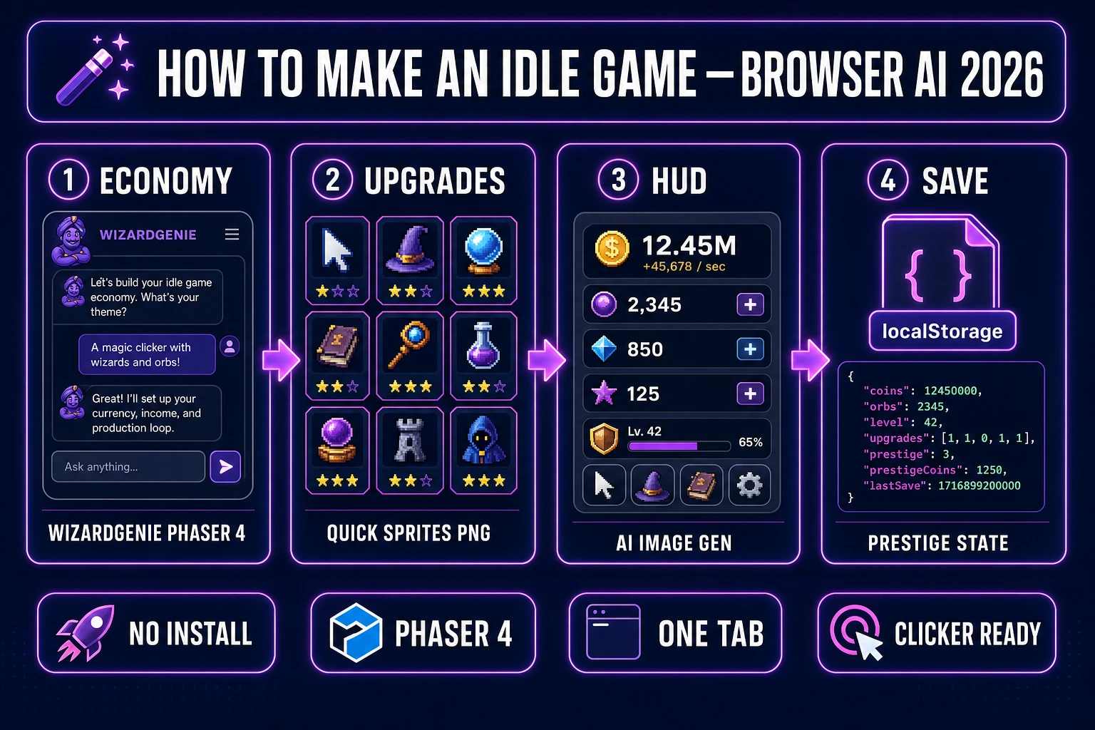 How to make an idle game in 2026 — four-step browser AI pipeline from WizardGenie economy scaffold through Quick Sprites upgrade art to save-state prestige, verified July 10, 2026