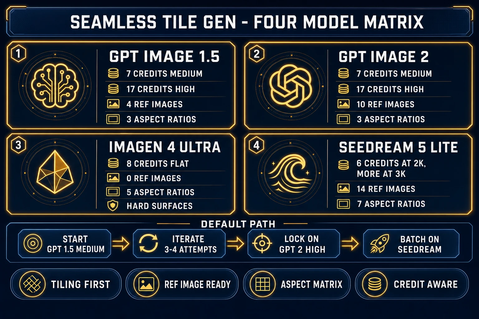 Seamless Tile Gen four-model matrix - Imagen 4 Ultra 8 credits, GPT Image 1.5 7 credits medium 17 high, GPT Image 2 7 credits medium 17 high, Seedream 5 Lite 6 credits at 2K, all with aspect ratio and reference image support