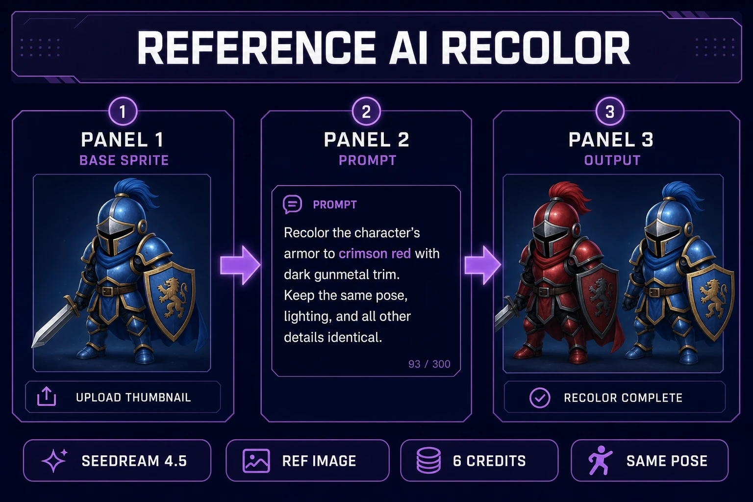 AI Image Gen ai recolor reference workflow — base blue knight upload, crimson armor prompt, red and blue variant output side by side